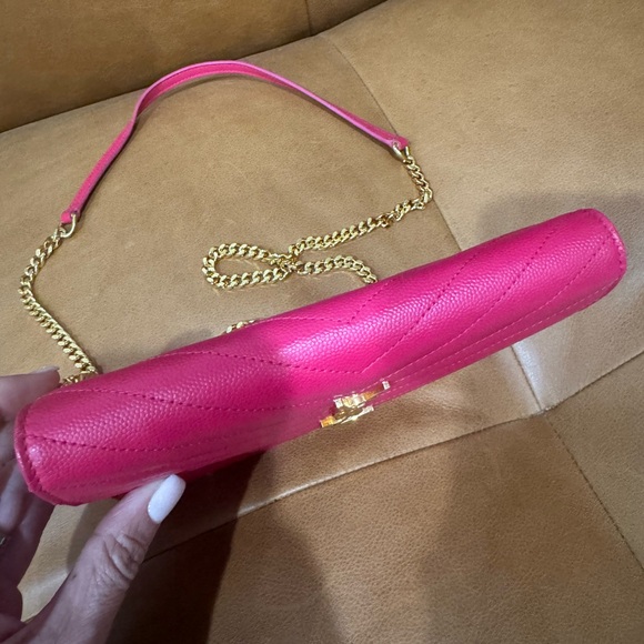 YSL Saint Laurent Bright Pink Chevron Quilted Caviar Leather Wallet on Chain WOC - Picture 7 of 17
